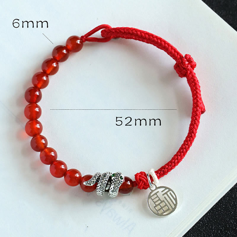 Mythstone Fu Character Red Agate Black Onyx Year Of The Snake Red String Luck Bracelet