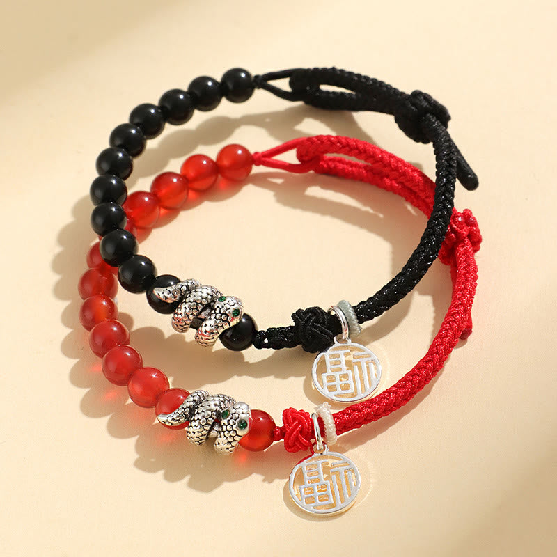 Mythstone Fu Character Red Agate Black Onyx Year Of The Snake Red String Luck Bracelet