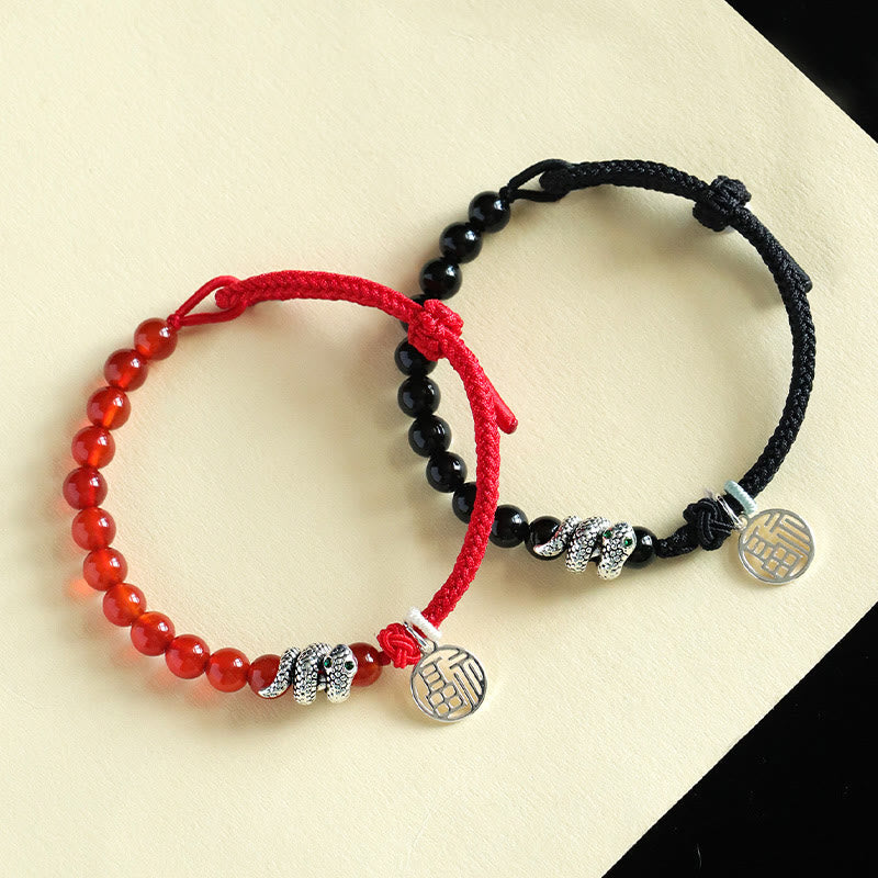 Mythstone Fu Character Red Agate Black Onyx Year Of The Snake Red String Luck Bracelet