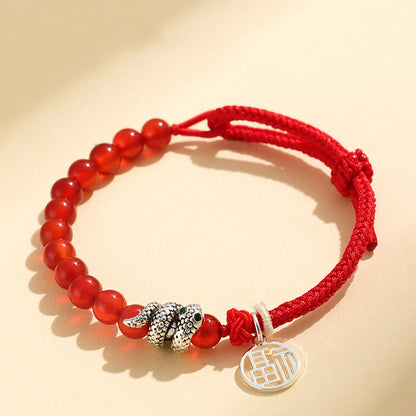 Mythstone Fu Character Red Agate Black Onyx Year Of The Snake Red String Luck Bracelet