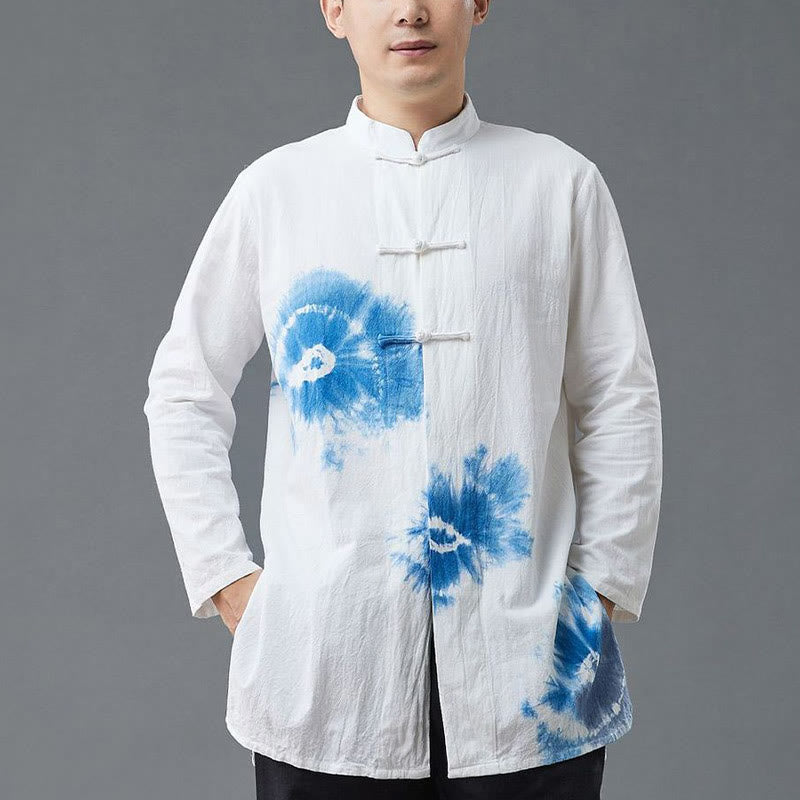 Mythstone Men's Frog-Button Chinese Tang Suit Tie Dye Gradient Flowers Shirt Cotton Linen Clothing