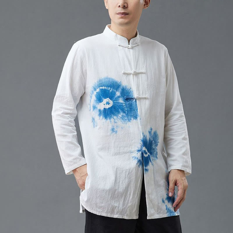 Mythstone Men's Frog-Button Chinese Tang Suit Tie Dye Gradient Flowers Shirt Cotton Linen Clothing