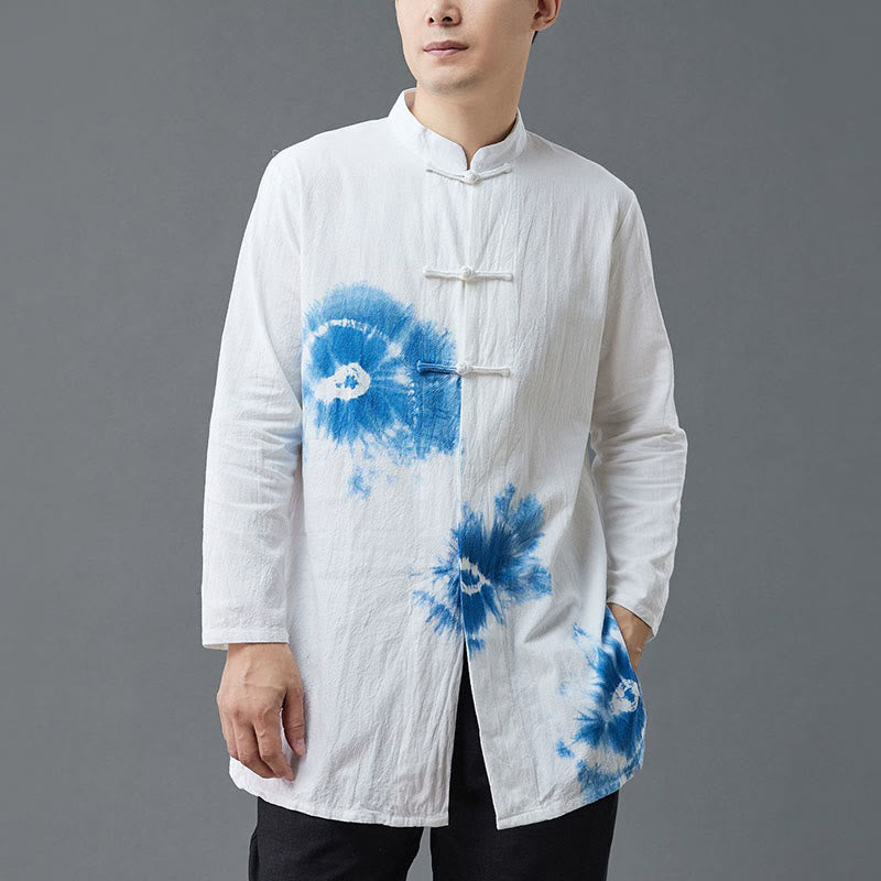 Mythstone Men's Frog-Button Chinese Tang Suit Tie Dye Gradient Flowers Shirt Cotton Linen Clothing