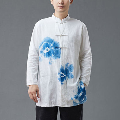 Mythstone Men's Frog-Button Chinese Tang Suit Tie Dye Gradient Flowers Shirt Cotton Linen Clothing