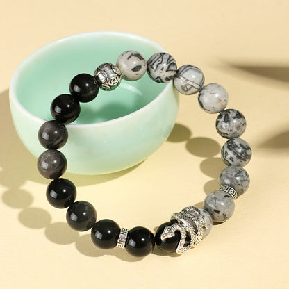 Mythstone Natural Silver Sheen Obsidian White Turquoise Grey Jasper Snowflake Obsidian Year Of The Snake Protection Bracelet