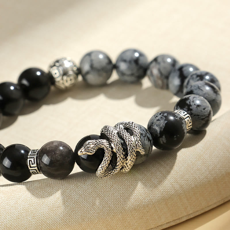 Mythstone Natural Silver Sheen Obsidian White Turquoise Grey Jasper Snowflake Obsidian Year Of The Snake Protection Bracelet