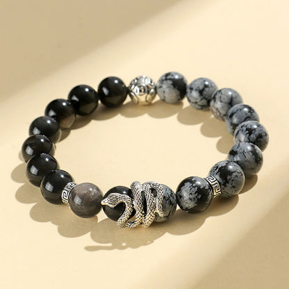 Mythstone Natural Silver Sheen Obsidian White Turquoise Grey Jasper Snowflake Obsidian Year Of The Snake Protection Bracelet