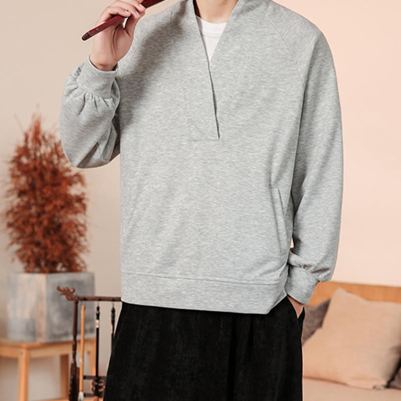 Mythstone Fall Simple V-Neck Men's Sweatshirt Cotton Pullover With Pockets