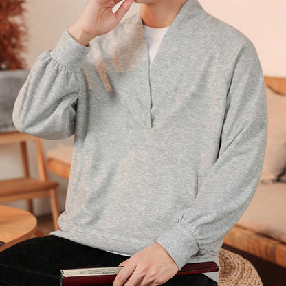 Mythstone Fall Simple V-Neck Men's Sweatshirt Cotton Pullover With Pockets