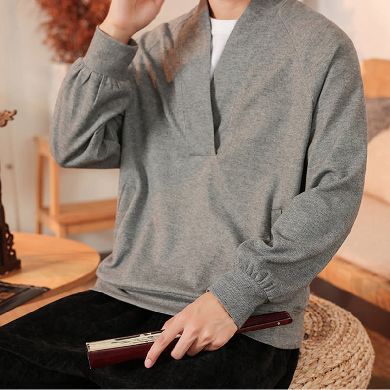 Mythstone Fall Simple V-Neck Men's Sweatshirt Cotton Pullover With Pockets