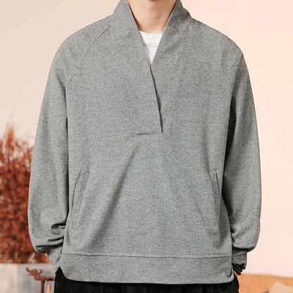 Mythstone Fall Simple V-Neck Men's Sweatshirt Cotton Pullover With Pockets