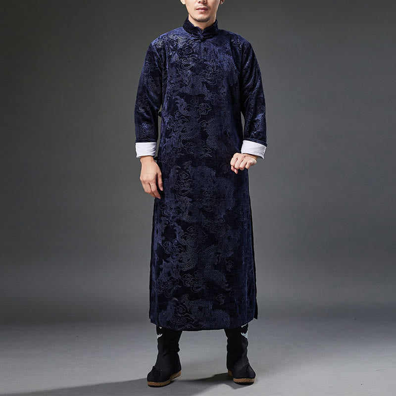 Mythstone Vintage Fall Winter Chinese Frog-Button Tang Suit Men's Dragon Jacquard Robe With Pockets