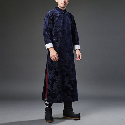 Mythstone Vintage Fall Winter Chinese Frog-Button Tang Suit Men's Dragon Jacquard Robe With Pockets