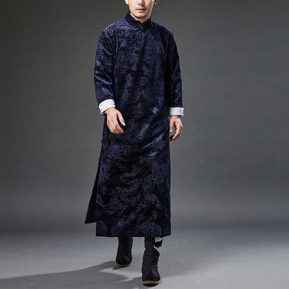 Mythstone Vintage Fall Winter Chinese Frog-Button Tang Suit Men's Dragon Jacquard Robe With Pockets