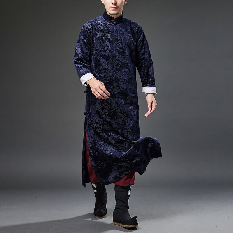 Mythstone Vintage Fall Winter Chinese Frog-Button Tang Suit Men's Dragon Jacquard Robe With Pockets