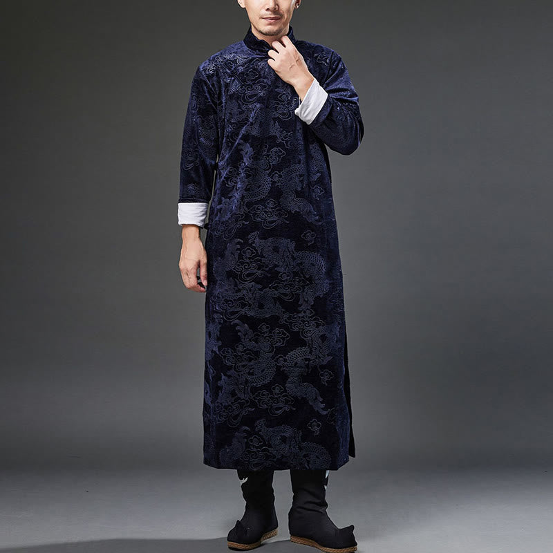 Mythstone Vintage Fall Winter Chinese Frog-Button Tang Suit Men's Dragon Jacquard Robe With Pockets