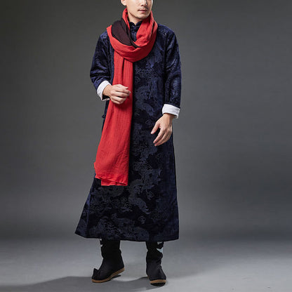 Mythstone Vintage Fall Winter Chinese Frog-Button Tang Suit Men's Dragon Jacquard Robe With Pockets