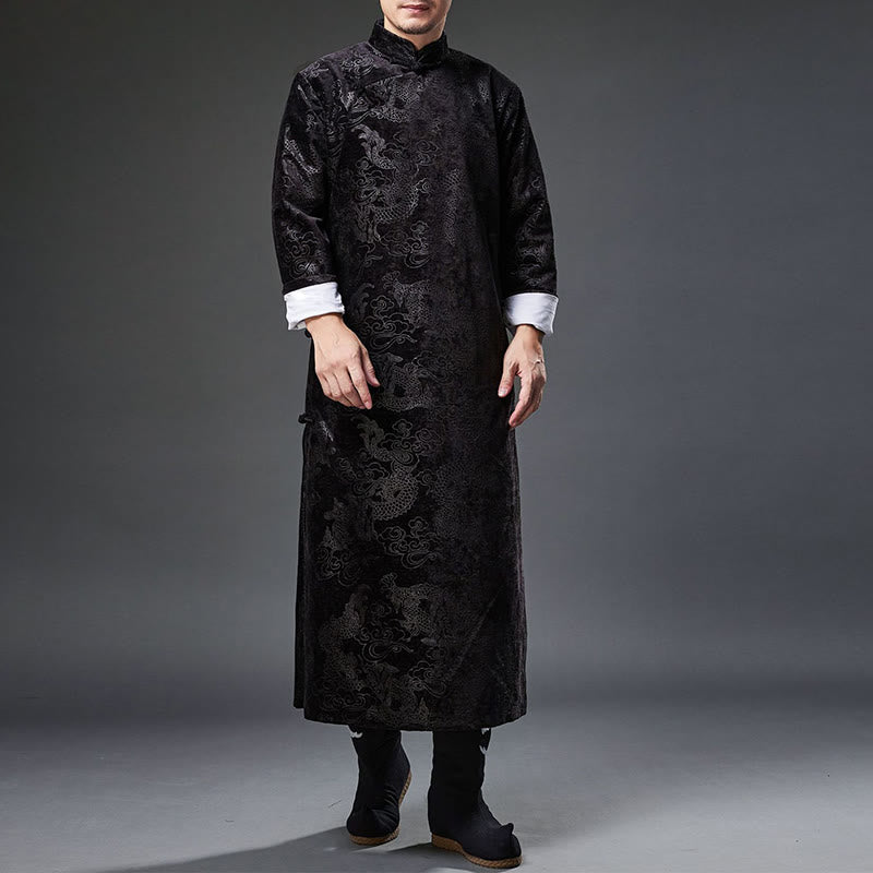 Mythstone Vintage Fall Winter Chinese Frog-Button Tang Suit Men's Dragon Jacquard Robe With Pockets