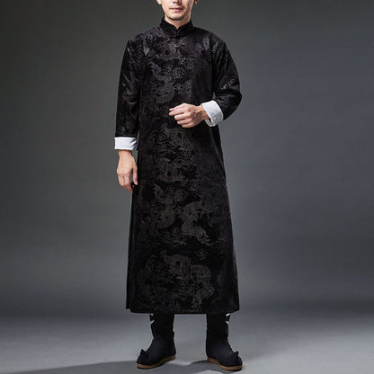 Mythstone Vintage Fall Winter Chinese Frog-Button Tang Suit Men's Dragon Jacquard Robe With Pockets