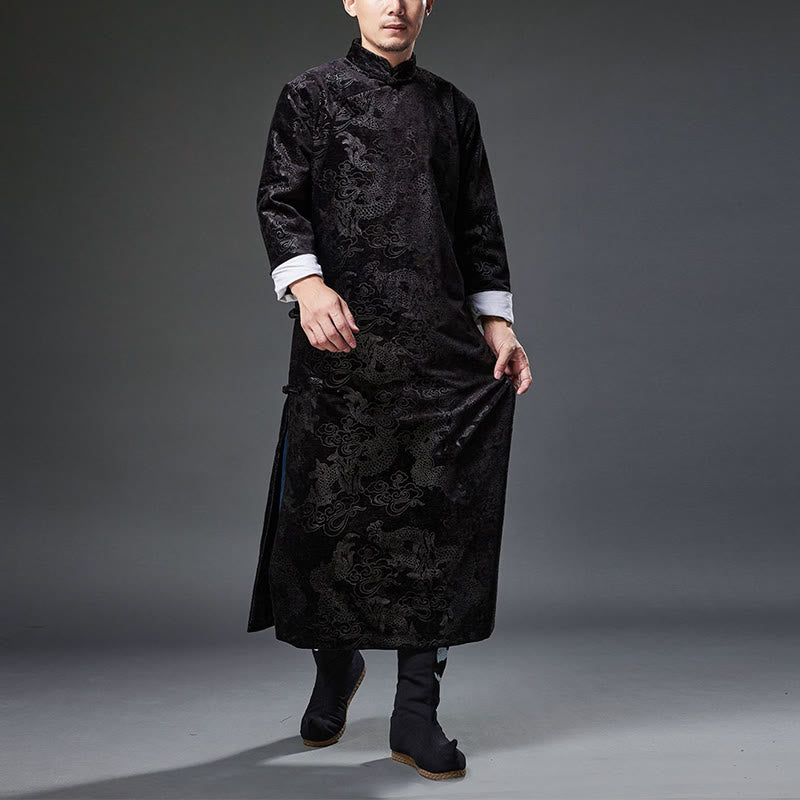 Mythstone Vintage Fall Winter Chinese Frog-Button Tang Suit Men's Dragon Jacquard Robe With Pockets