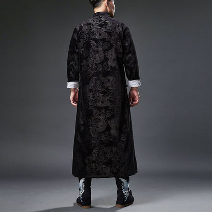 Mythstone Vintage Fall Winter Chinese Frog-Button Tang Suit Men's Dragon Jacquard Robe With Pockets