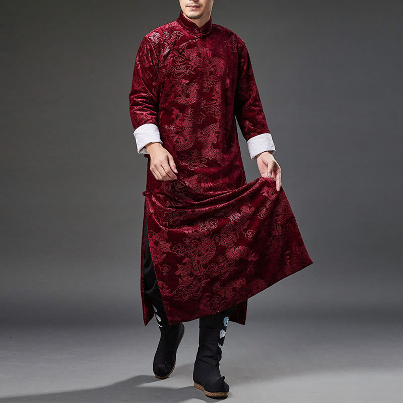 Mythstone Vintage Fall Winter Chinese Frog-Button Tang Suit Men's Dragon Jacquard Robe With Pockets