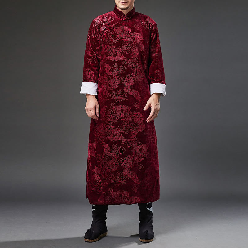 Mythstone Vintage Fall Winter Chinese Frog-Button Tang Suit Men's Dragon Jacquard Robe With Pockets