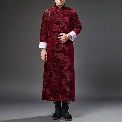 Mythstone Vintage Fall Winter Chinese Frog-Button Tang Suit Men's Dragon Jacquard Robe With Pockets