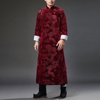 Mythstone Vintage Fall Winter Chinese Frog-Button Tang Suit Men's Dragon Jacquard Robe With Pockets