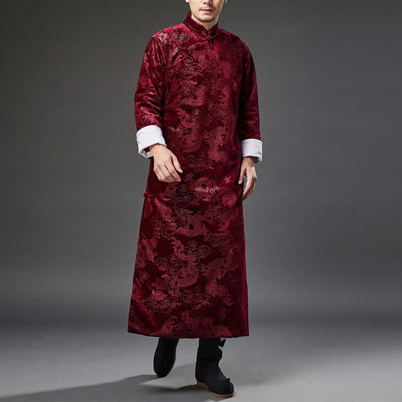 Mythstone Vintage Fall Winter Chinese Frog-Button Tang Suit Men's Dragon Jacquard Robe With Pockets