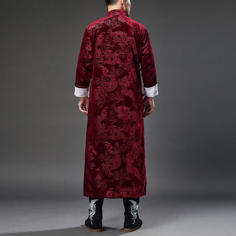 Mythstone Vintage Fall Winter Chinese Frog-Button Tang Suit Men's Dragon Jacquard Robe With Pockets