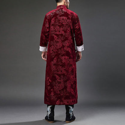 Mythstone Vintage Fall Winter Chinese Frog-Button Tang Suit Men's Dragon Jacquard Robe With Pockets