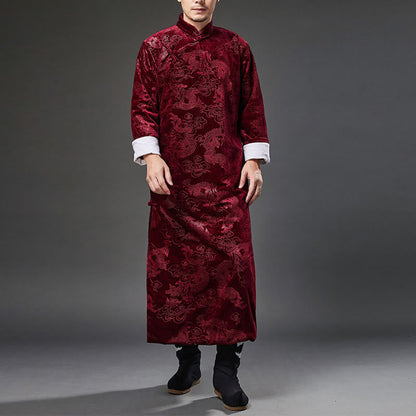 Mythstone Vintage Fall Winter Chinese Frog-Button Tang Suit Men's Dragon Jacquard Robe With Pockets