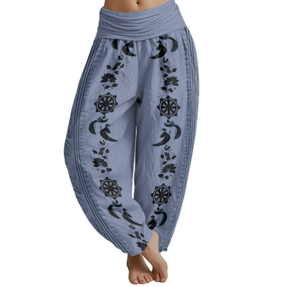 Mythstone Dharma Wheel Lotus OM Pattern Women's Elastic Waist Harem Pants