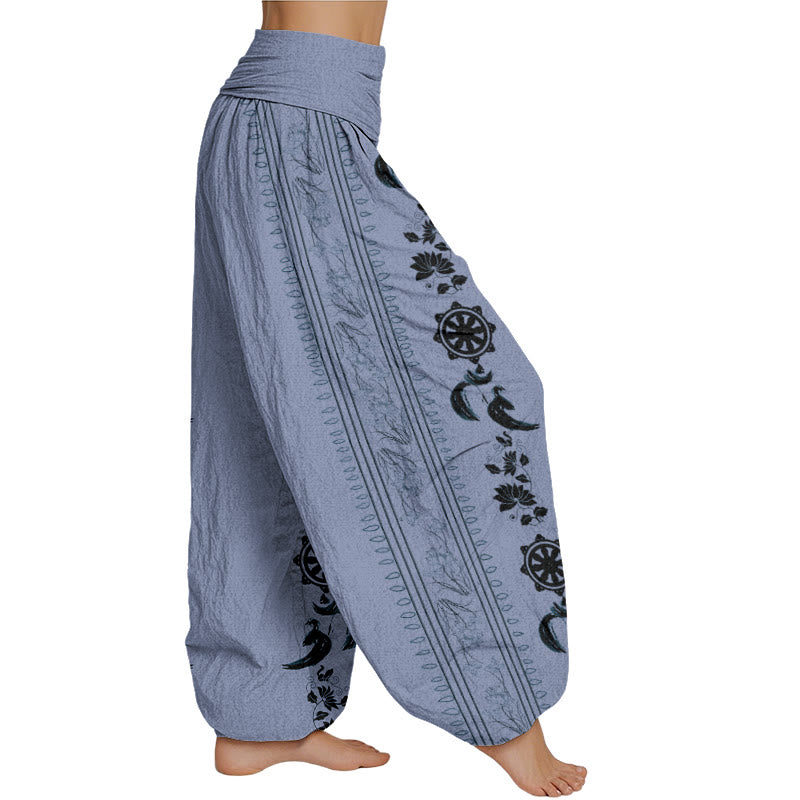 Mythstone Dharma Wheel Lotus OM Pattern Women's Elastic Waist Harem Pants