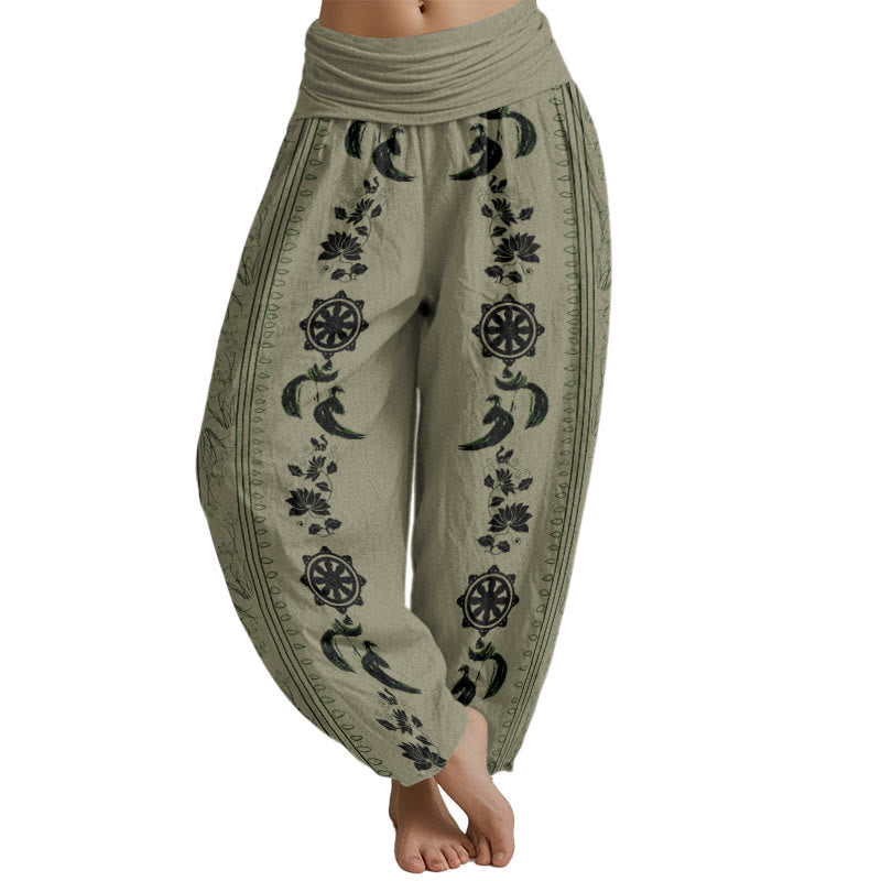 Mythstone Dharma Wheel Lotus OM Pattern Women's Elastic Waist Harem Pants