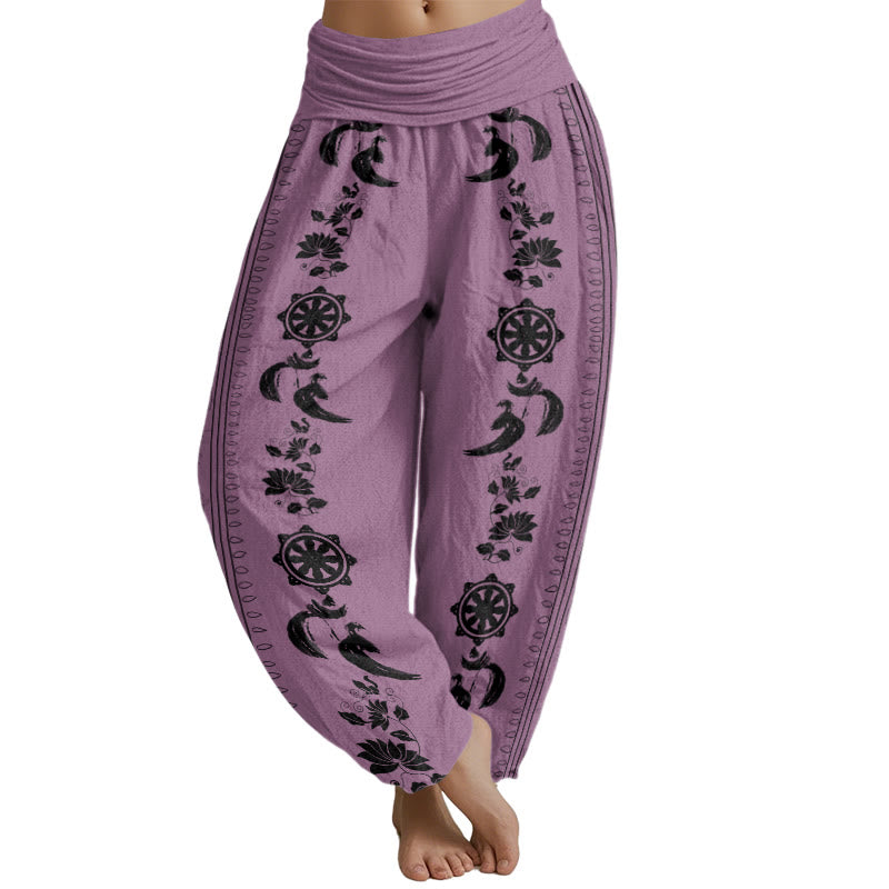 Mythstone Dharma Wheel Lotus OM Pattern Women's Elastic Waist Harem Pants