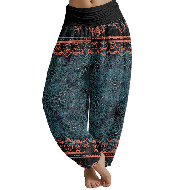 Pantalones harén con cintura elástica para mujer con diseño elegante de flores de mandala de Mythstone 