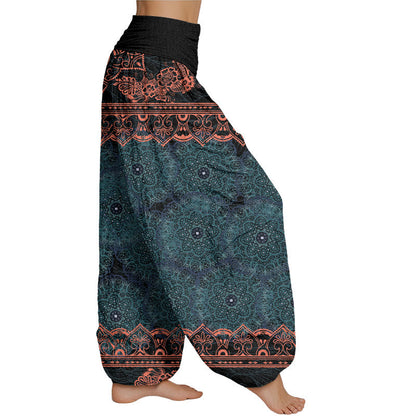 Pantalones harén con cintura elástica para mujer con diseño elegante de flores de mandala de Mythstone 