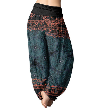 Pantalones harén con cintura elástica para mujer con diseño elegante de flores de mandala de Mythstone 