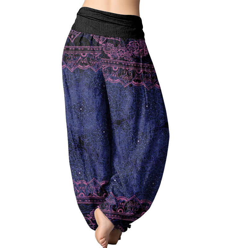 Pantalones harén con cintura elástica para mujer con diseño elegante de flores de mandala de Mythstone 