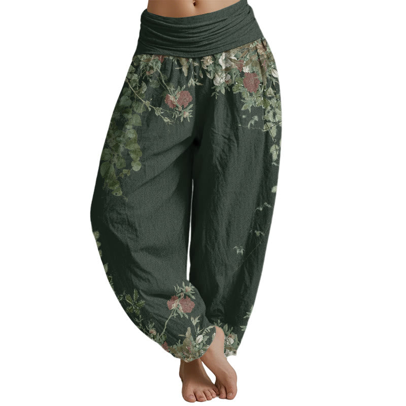 Mythstone Casual Red Peony Flower Vine Design Women's Elastic Waist Harem Pants