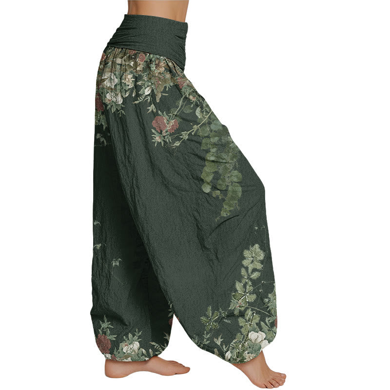 Mythstone Casual Red Peony Flower Vine Design Women's Elastic Waist Harem Pants