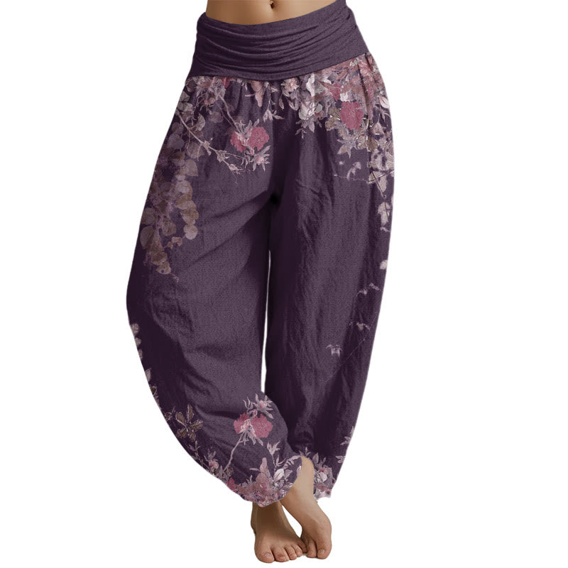 Mythstone Casual Red Peony Flower Vine Design Women's Elastic Waist Harem Pants