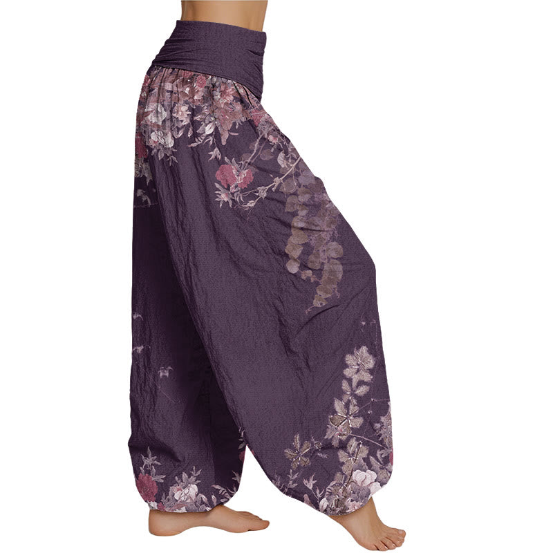 Mythstone Casual Red Peony Flower Vine Design Women's Elastic Waist Harem Pants