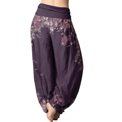 Mythstone Casual Red Peony Flower Vine Design Women's Elastic Waist Harem Pants