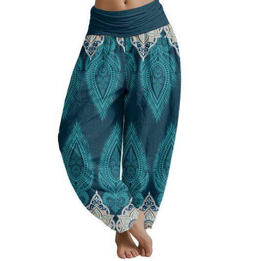 Mythstone Casual Feather Flower Design Women's Elastic Waist Harem Pants