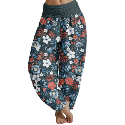 Pantalones harén con cintura elástica para mujer, diseño informal de diente de león y flores rojas y blancas de Mythstone 