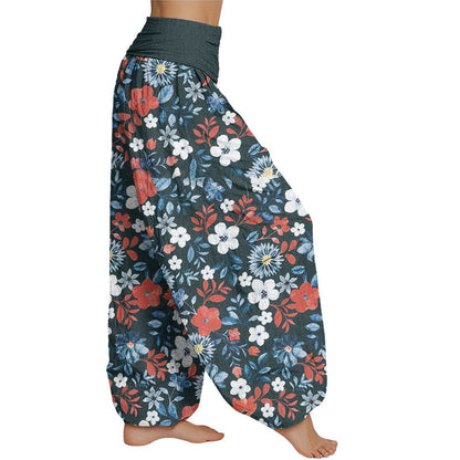 Pantalones harén con cintura elástica para mujer, diseño informal de diente de león y flores rojas y blancas de Mythstone 