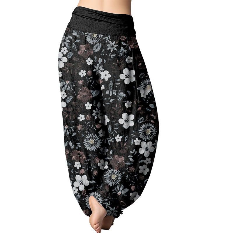 Pantalones harén con cintura elástica para mujer, diseño informal de diente de león y flores rojas y blancas de Mythstone 